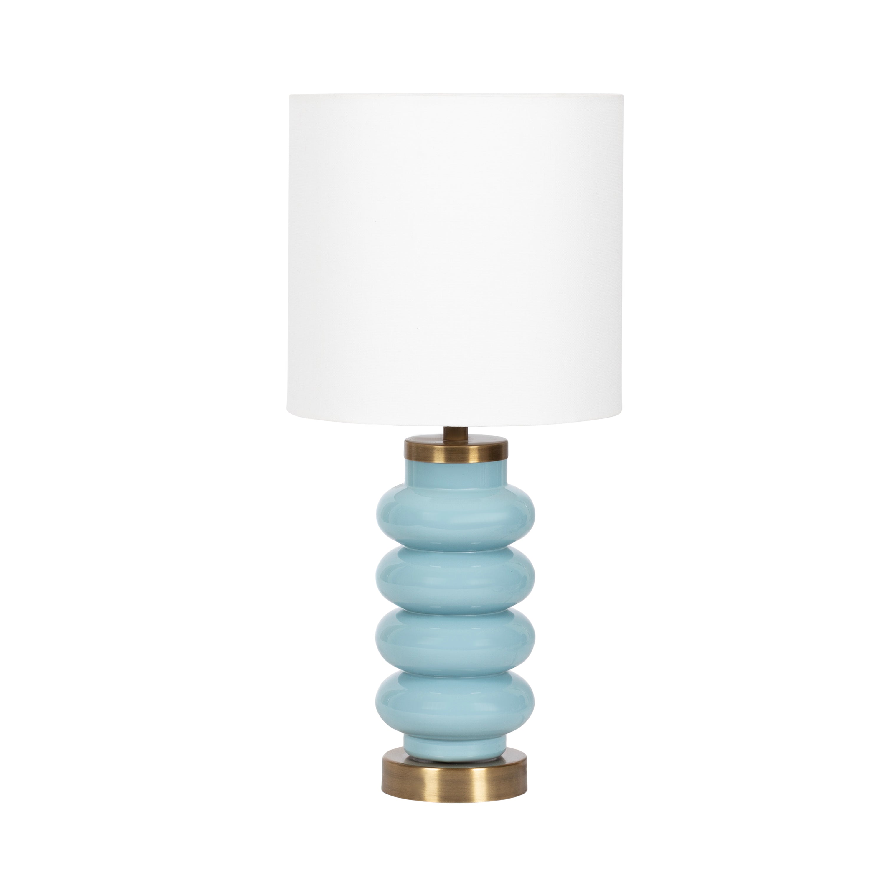 Rogala Table Lamp with blue glass base and gold accents topped with a white linen drum shade