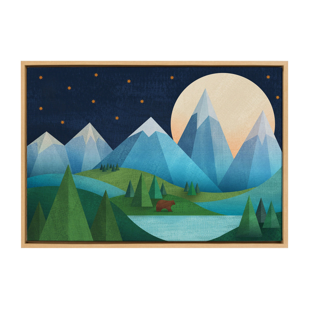 Framed canvas artwork depicting a stylized night scene with blue-gray mountains, a large pale moon, green triangular pine trees, a blue lake, and a small brown bear.