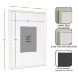 White wood photo frame with beaded detailing, holding an 8x10 photo within a larger 16x20 mat opening, showing dimensions and D-ring hangers on back