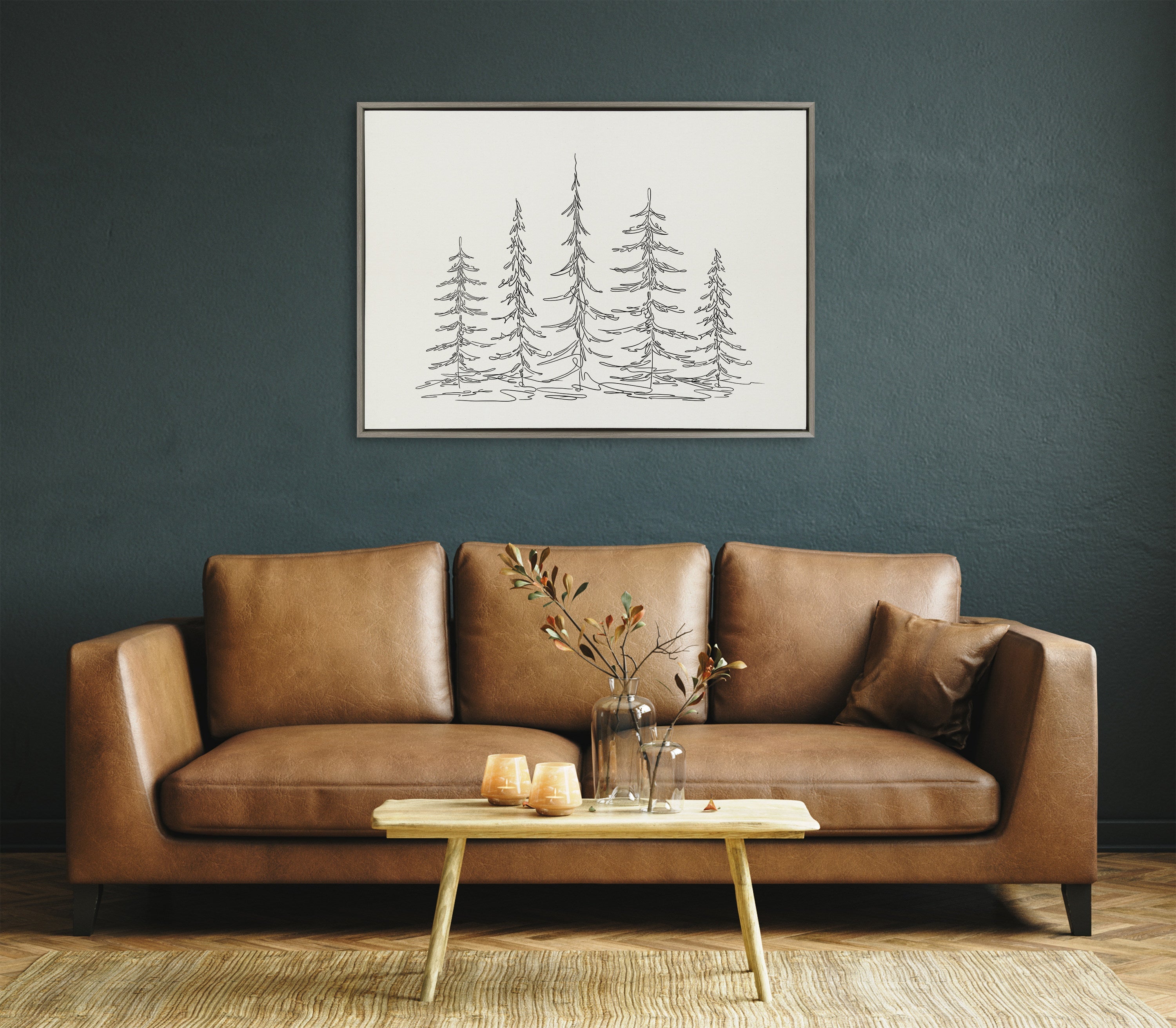 Sylvie Minimalist Evergreen Trees Sketch Framed Canvas