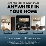 Three room scenes with a wood and metal wolf-themed gun storage mounted on walls: entryway with table and lamp, black wall living room with sofa, and bright dining room with round table.