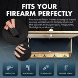 Wooden storage box with hooks, open to show pre-scored black foam for customizing snug fit of handgun, magazines, flashlight, and pepper spray.