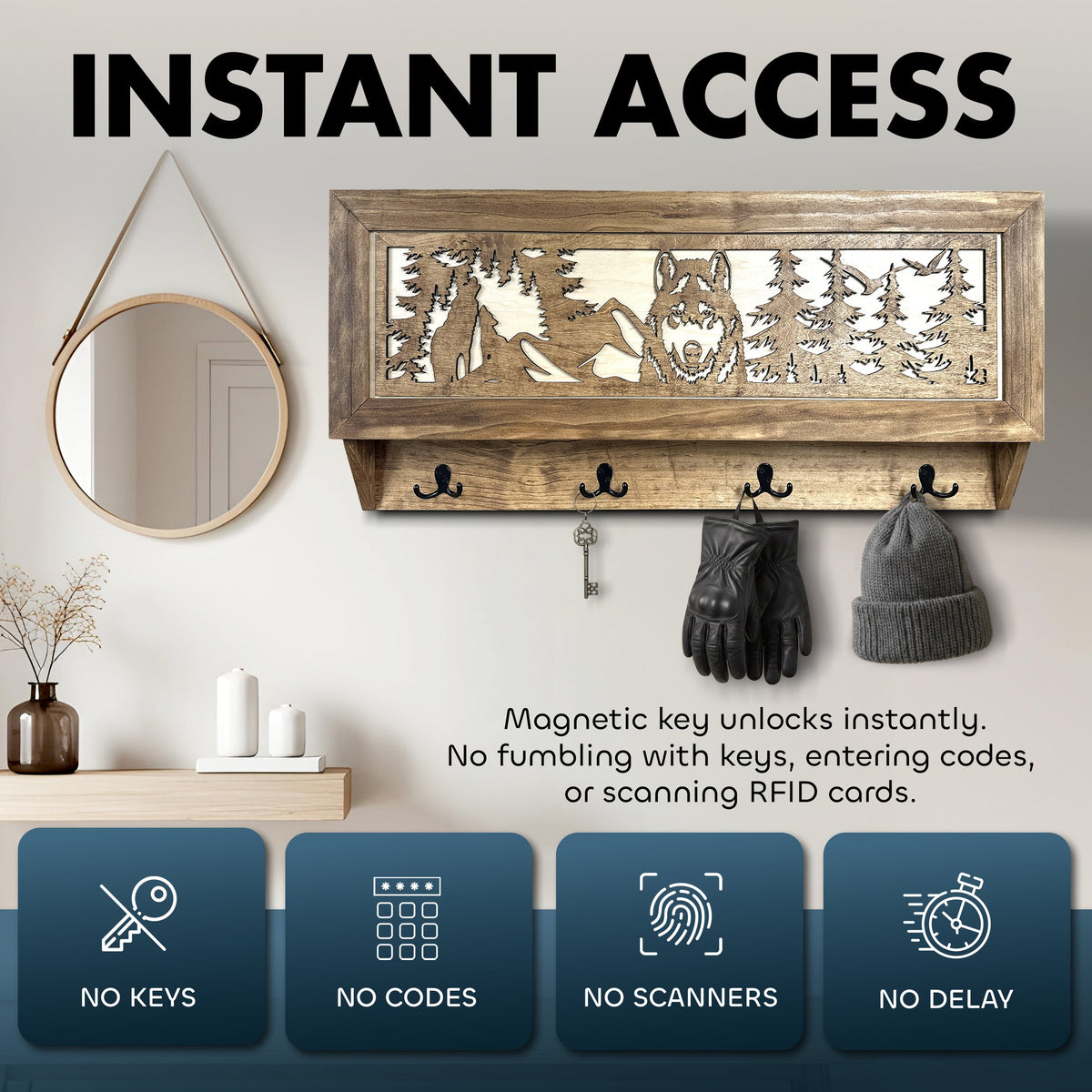 Wooden wall shelf with laser-cut wolf and forest scene, featuring three black metal hooks holding a key, gloves, and a beanie under a magnetic lock sign.