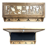 Wooden wall-mounted key holder with wolf and forest silhouette cutout above four black metal hooks, shown closed and open to reveal hidden storage inside.