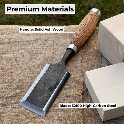 Hand-forged wood carving chisel with ash wood handle and carbon steel blade