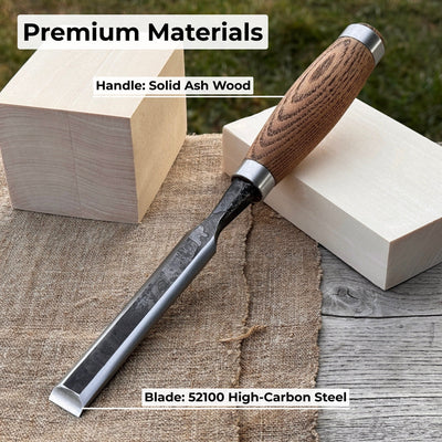 Hand-forged wood carving chisel with ash handle and carbon steel blade