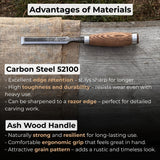 Hand-forged wood carving chisel with ash handle and carbon steel blade