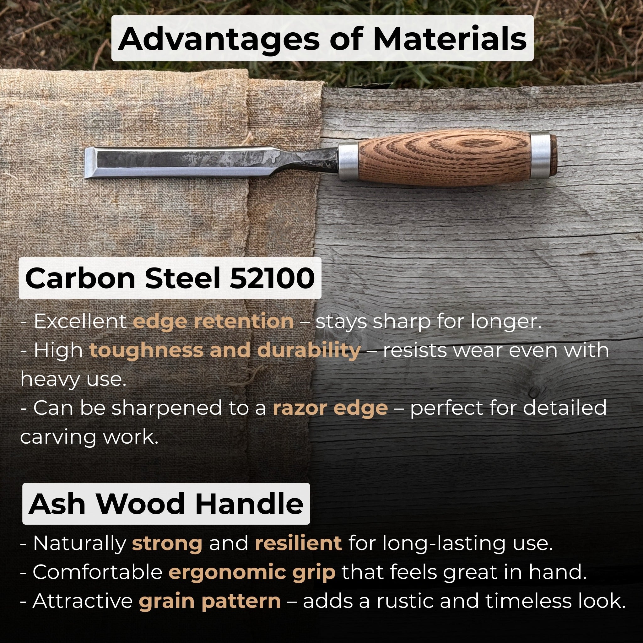 Hand-forged wood carving chisel with ash handle and carbon steel blade