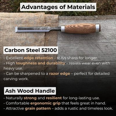 Hand-forged wood carving chisel with ash handle and carbon steel blade