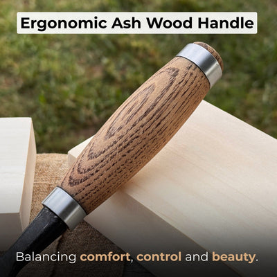 Hand-forged wood carving chisel with ash wood handle and carbon steel blade