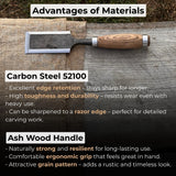 Hand-forged wood carving chisel with ash wood handle and carbon steel blade