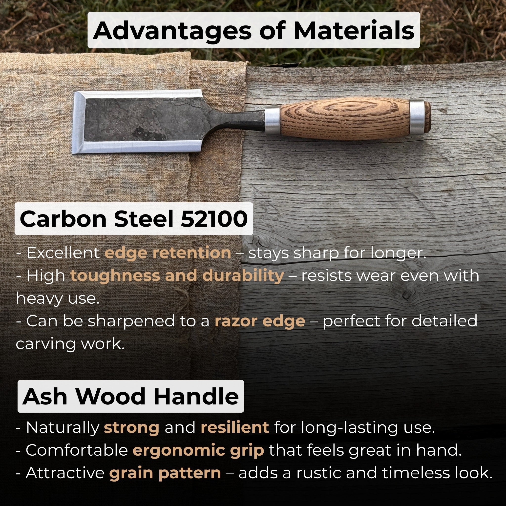 Hand-forged wood carving chisel with ash wood handle and carbon steel blade