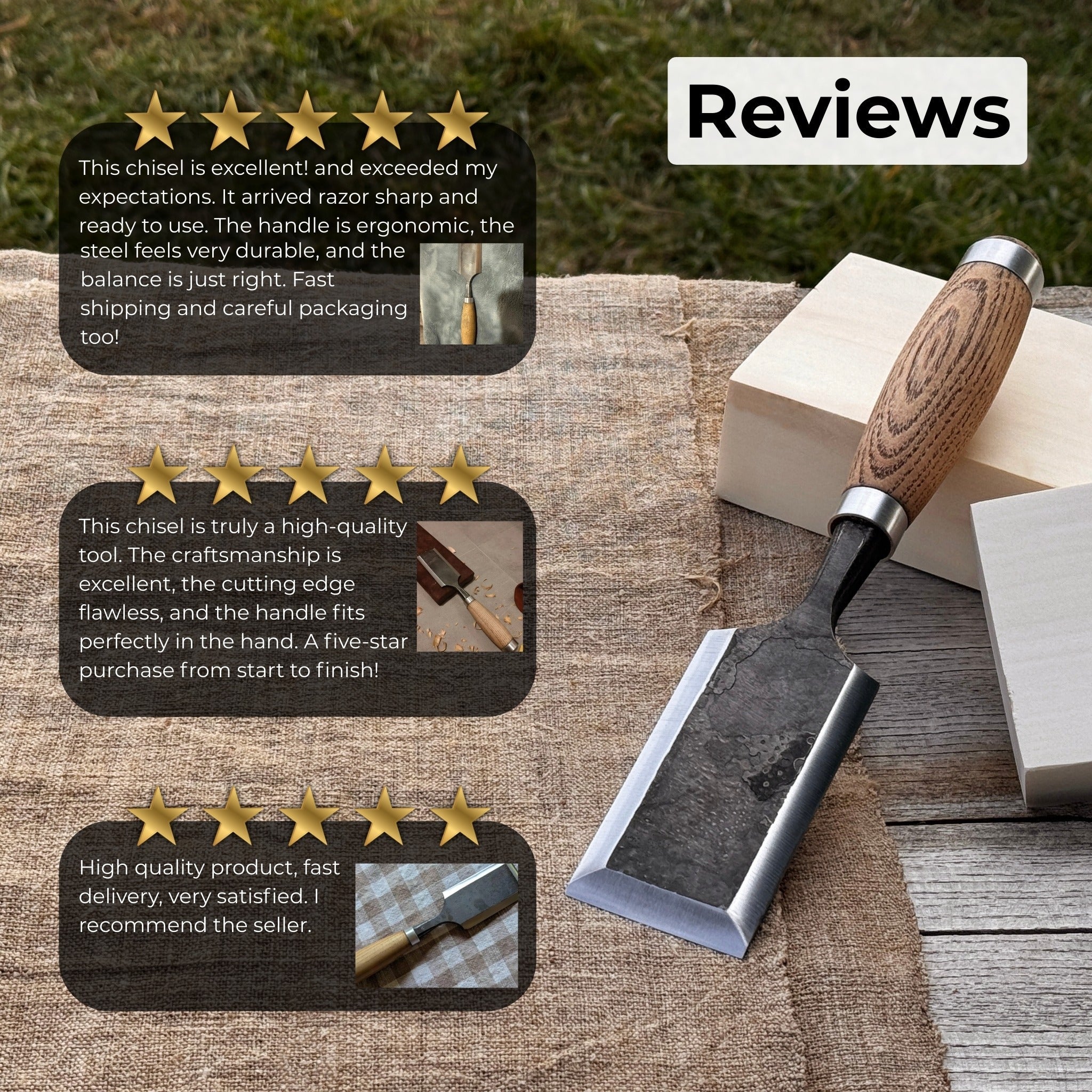 Hand-forged wood carving chisel with ash wood handle and carbon steel blade