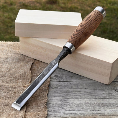 Hand-forged wood carving chisel with ash handle and carbon steel blade