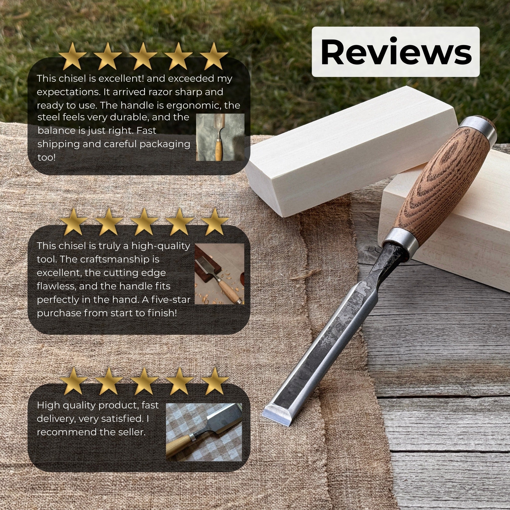 Hand-forged wood carving chisel with ash handle and carbon steel blade