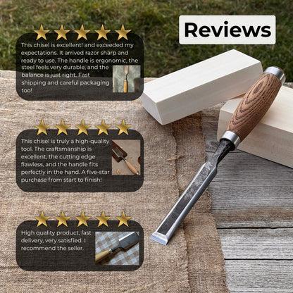 Hand-forged wood carving chisel with ash handle and carbon steel blade
