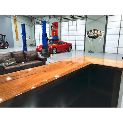 Clear epoxy resin coating on bar top and table surfaces