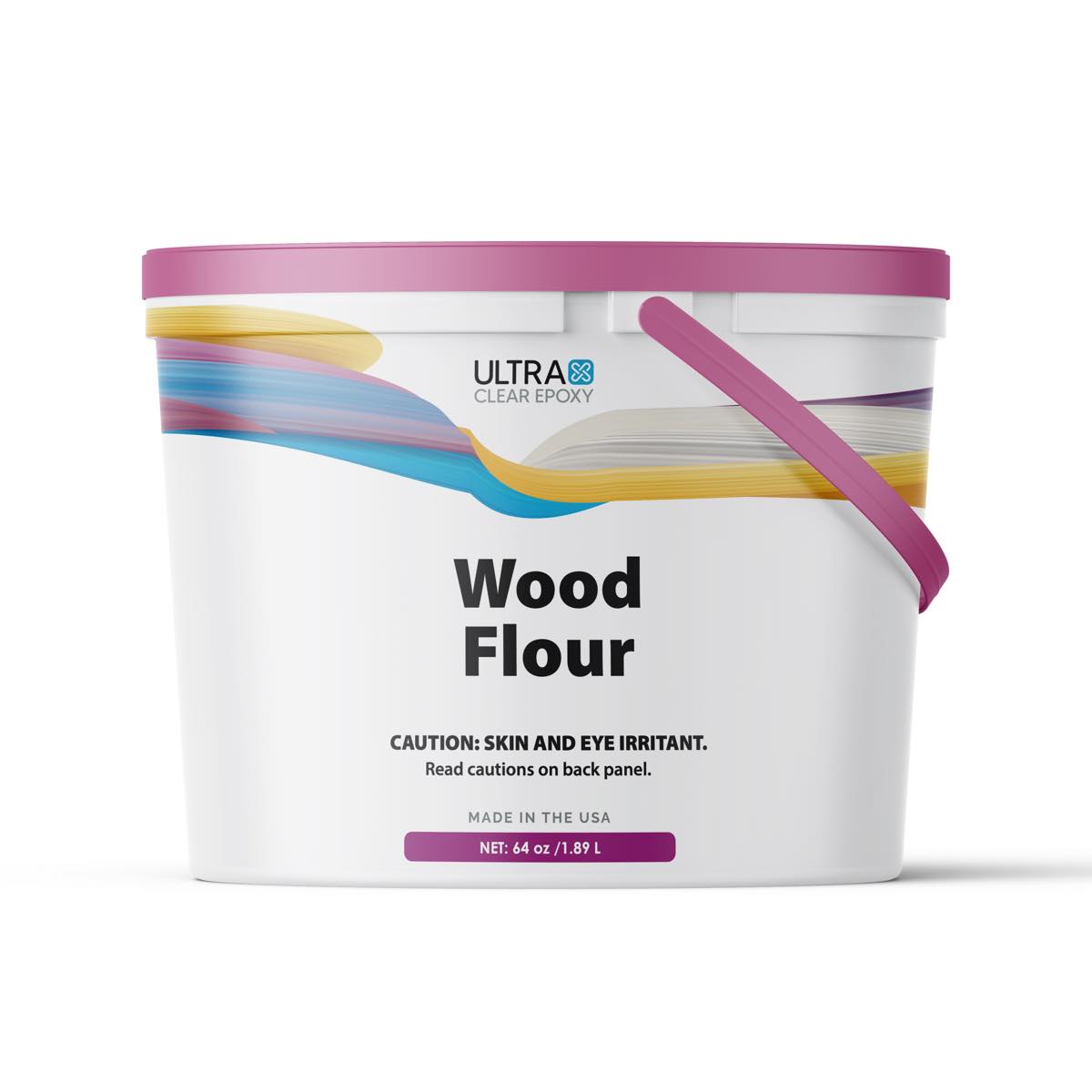 Bucket of Ultra Wood Flour with colorful label on a white background