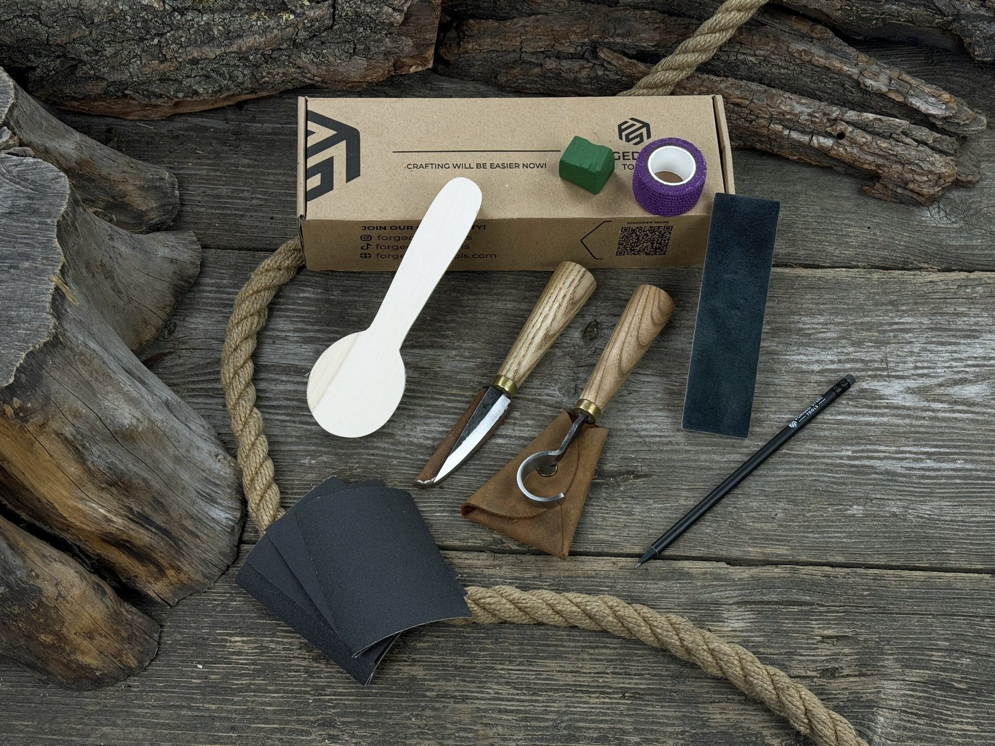 Wood Whittling Kit for Beginners Spoon Carving Edition with knives, wooden blank, sandpaper, and sharpening board