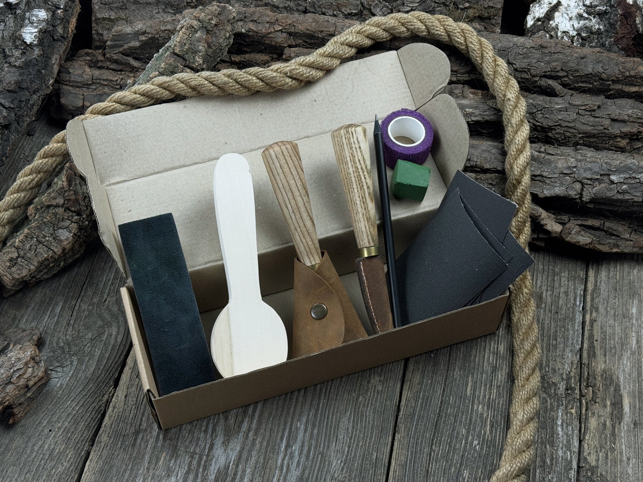 Wood Whittling Kit for Beginners Spoon Carving Edition with knives, wooden blank, sandpaper, and sharpening board