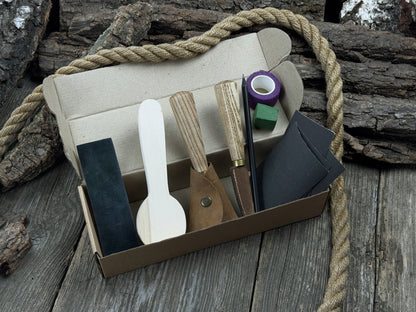 Wood Whittling Kit for Beginners Spoon Carving Edition with knives, wooden blank, sandpaper, and sharpening board