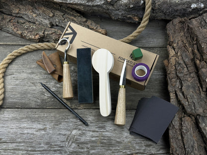 Wood Whittling Kit for Beginners Spoon Carving Edition with knives, wooden blank, sandpaper, and sharpening board