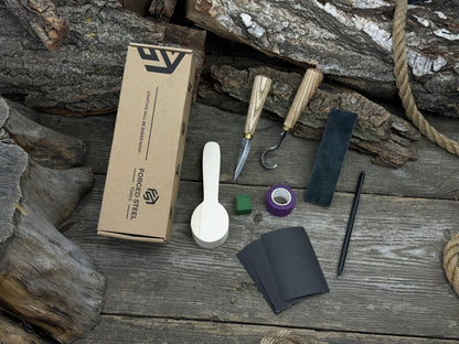 Wood Whittling Kit for Beginners Spoon Carving Edition with knives, wooden blank, sandpaper, and sharpening board