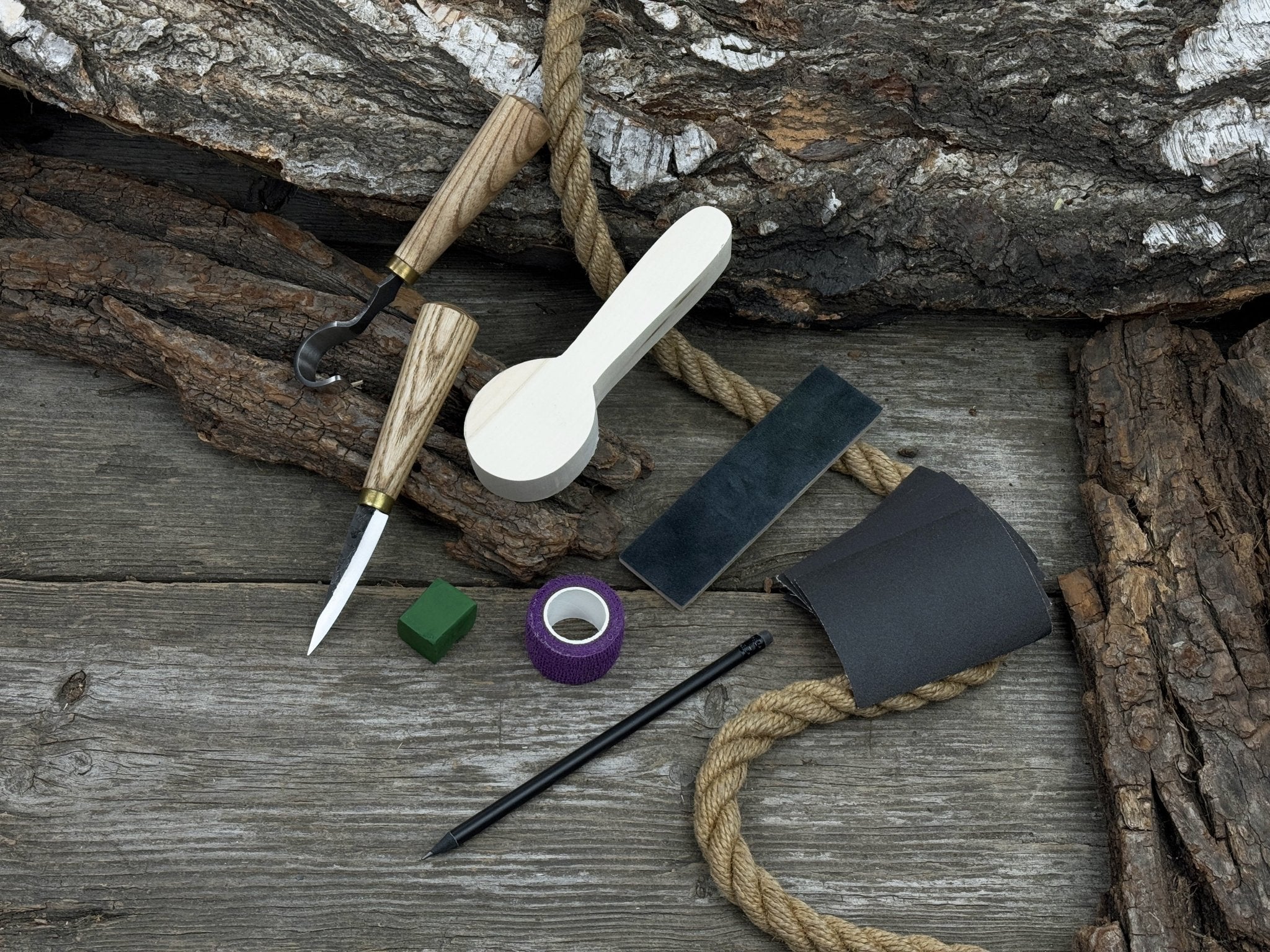 Wood Whittling Kit for Beginners Spoon Carving Edition with knives, wooden blank, sandpaper, and sharpening board