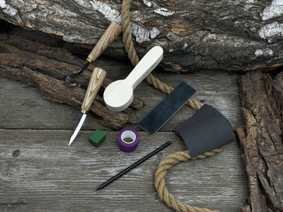 Wood Whittling Kit for Beginners Spoon Carving Edition with knives, wooden blank, sandpaper, and sharpening board
