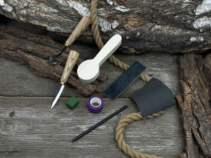 Wood Whittling Kit for Beginners Spoon Carving Edition with knives, wooden blank, sandpaper, and sharpening board