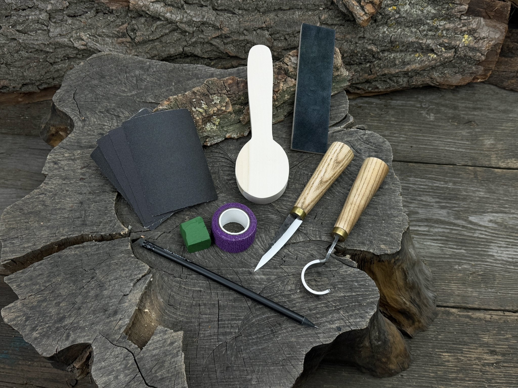 Wood Whittling Kit for Beginners Spoon Carving Edition with knives, wooden blank, sandpaper, and sharpening board