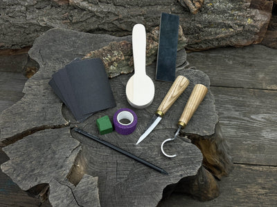 Wood Whittling Kit for Beginners Spoon Carving Edition with knives, wooden blank, sandpaper, and sharpening board