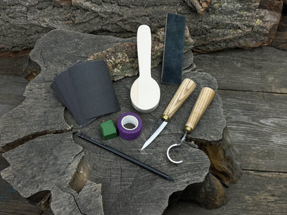 Wood Whittling Kit for Beginners Spoon Carving Edition with knives, wooden blank, sandpaper, and sharpening board