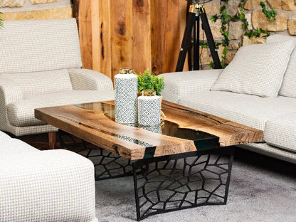 Custom Resin River Walnut Coffee Table with clear epoxy resin river and metal legs