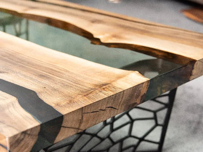 Custom Resin River Walnut Coffee Table with clear epoxy resin river and metal legs