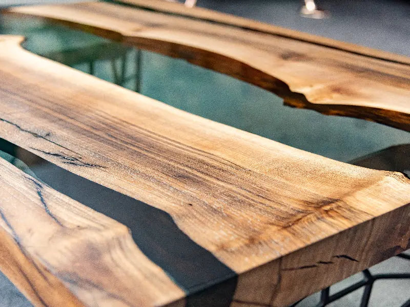 Custom Resin River Walnut Coffee Table with clear epoxy resin river and metal legs