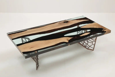 Custom Resin River Walnut Coffee Table with clear epoxy resin river and metal legs