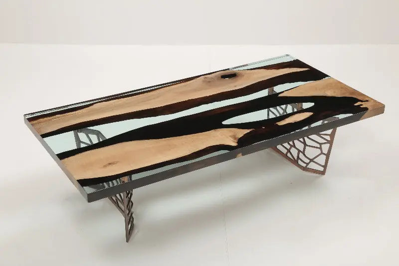 Custom Resin River Walnut Coffee Table with clear epoxy resin river and metal legs