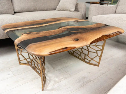 Custom Resin River Walnut Coffee Table with clear epoxy resin river and metal legs
