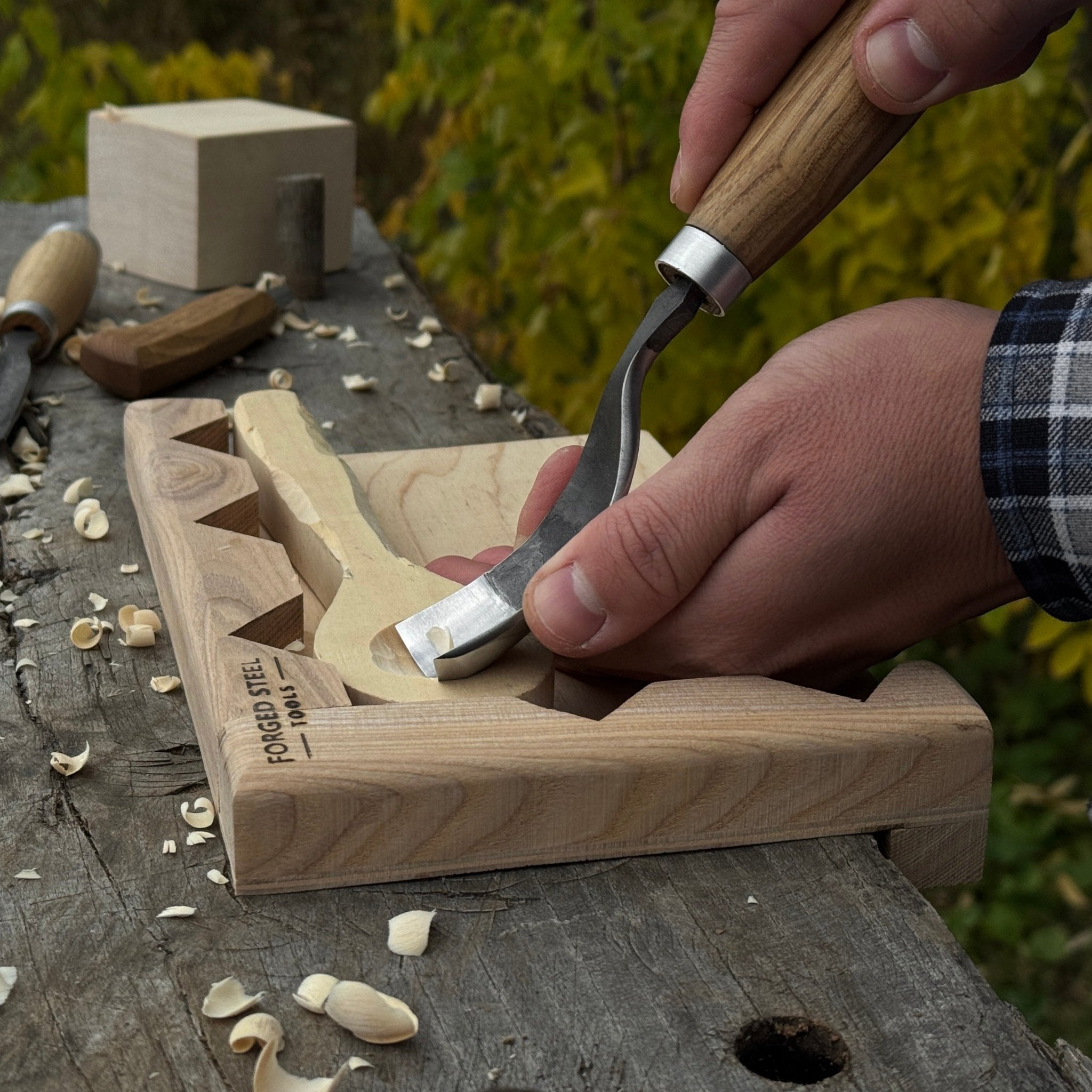Handcrafted wooden bench hook for carving and chiseling by Sharky Forged Steel Tools