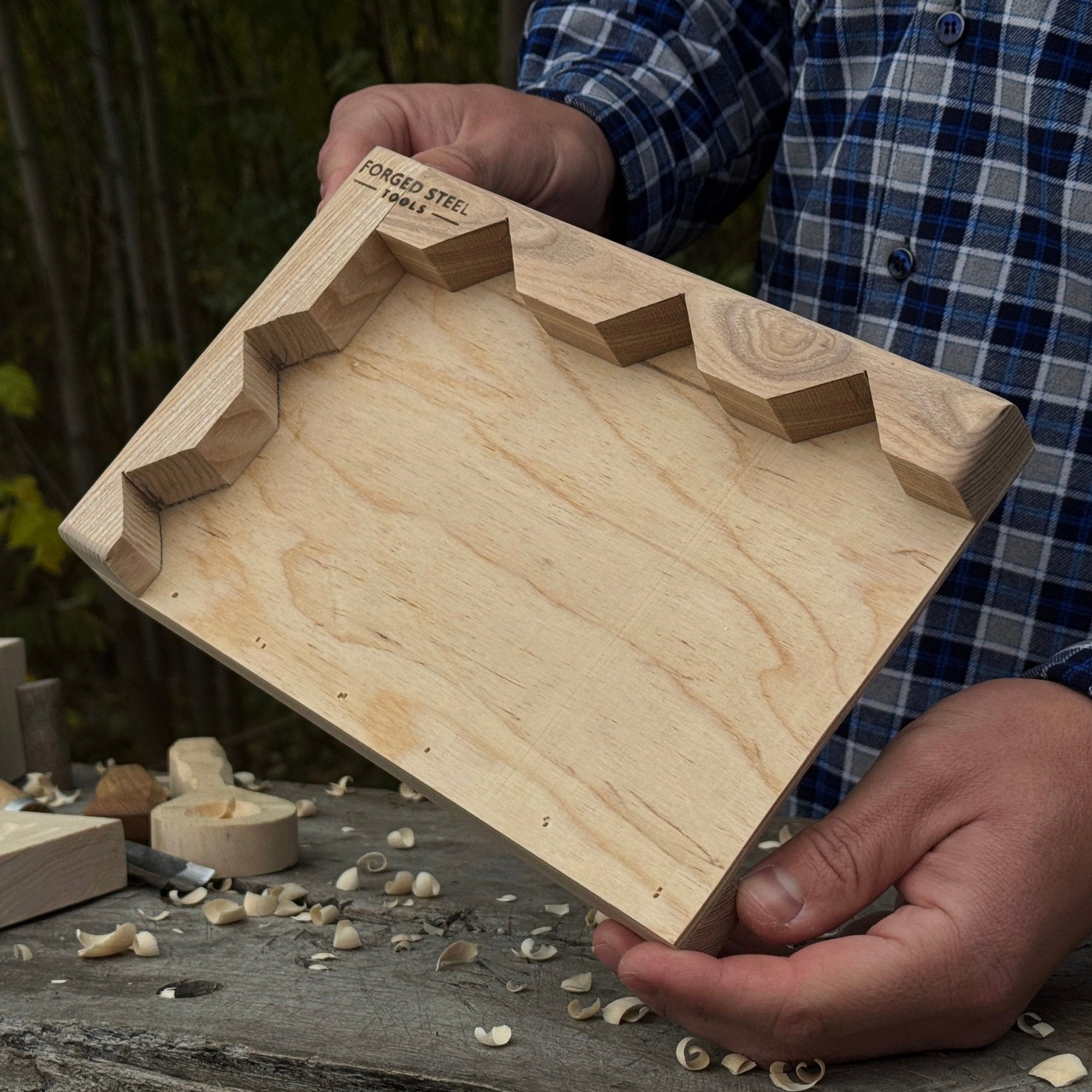 Handcrafted wooden bench hook for carving and chiseling by Sharky Forged Steel Tools