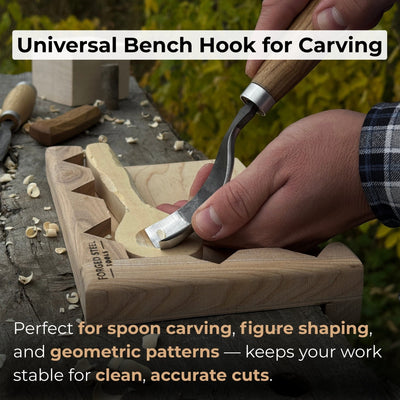 Handcrafted wooden bench hook for carving and chiseling by Sharky Forged Steel Tools