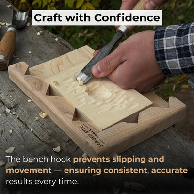 Handcrafted wooden bench hook for carving and chiseling by Sharky Forged Steel Tools