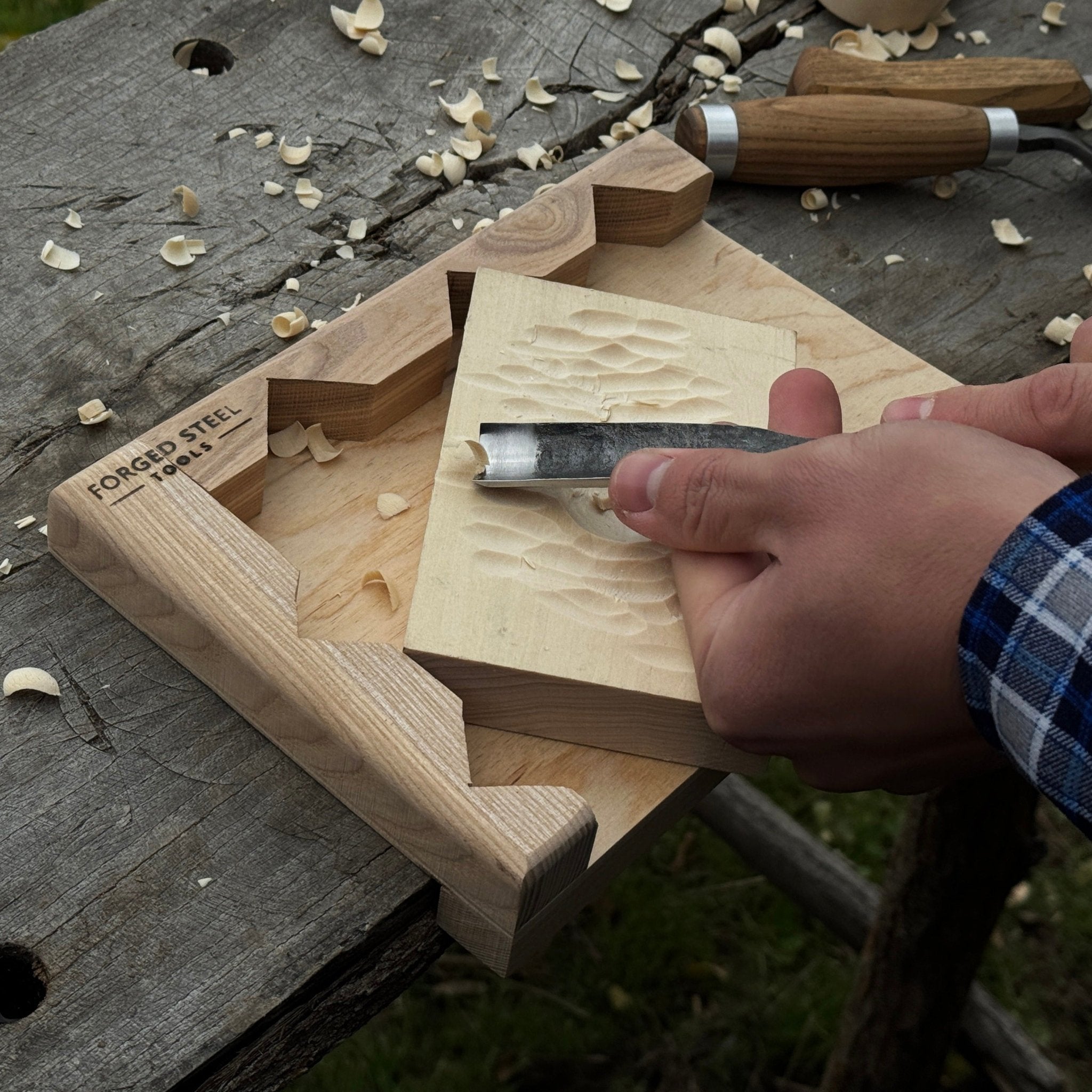 Handcrafted wooden bench hook for carving and chiseling by Sharky Forged Steel Tools