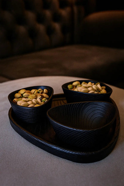 Set of handcrafted wooden nut bowls with tray showing natural wood grain and sandblasted texture