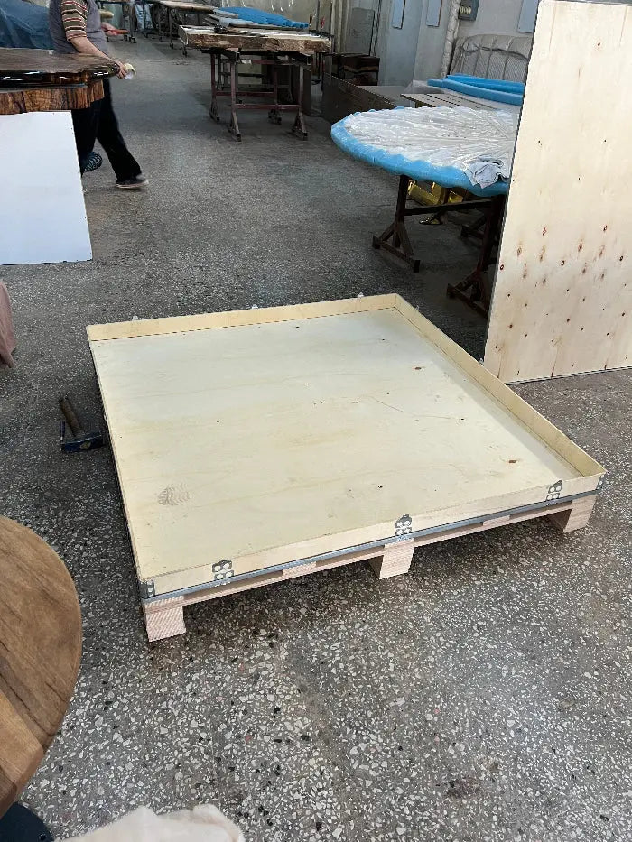 Custom round epoxy resin walnut dining table with wood and metal base