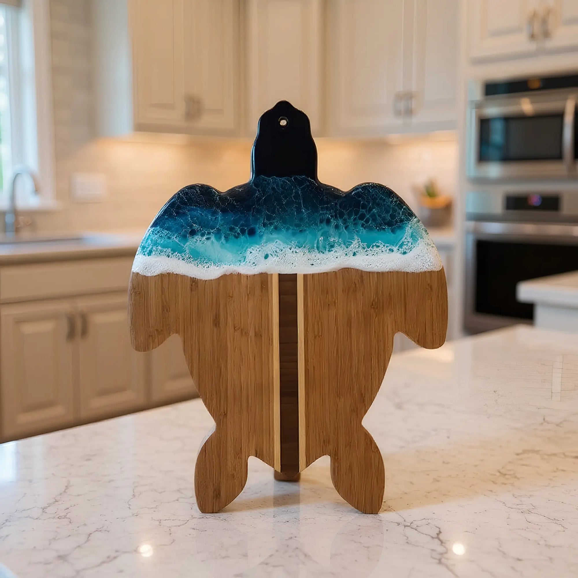 Resin Turtle Serving Tray with ocean resin art and bamboo base, featuring a laser-engraved turtle design and matching cheese knife