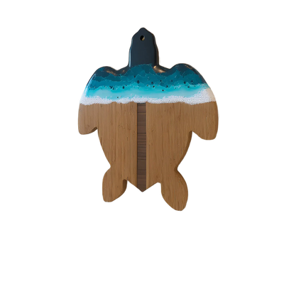 Resin Turtle Serving Tray with ocean resin art and bamboo base, featuring a laser-engraved turtle design and matching cheese knife