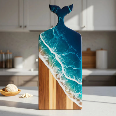 Whale Tail Ocean Resin Charcuterie Board made of acacia wood with blue ocean resin and matching cheese knife