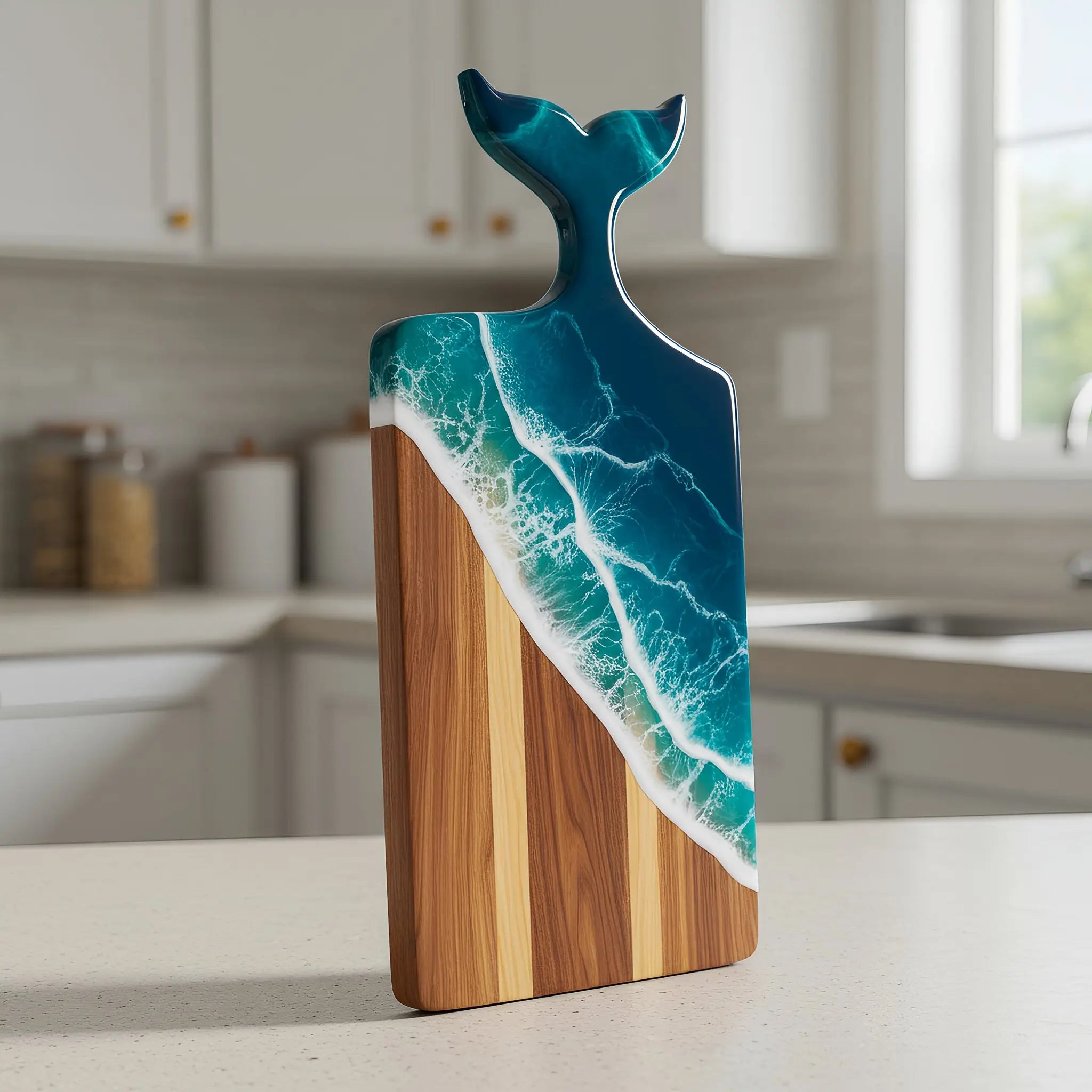 Whale Tail Ocean Resin Charcuterie Board made of acacia wood with blue ocean resin and matching cheese knife